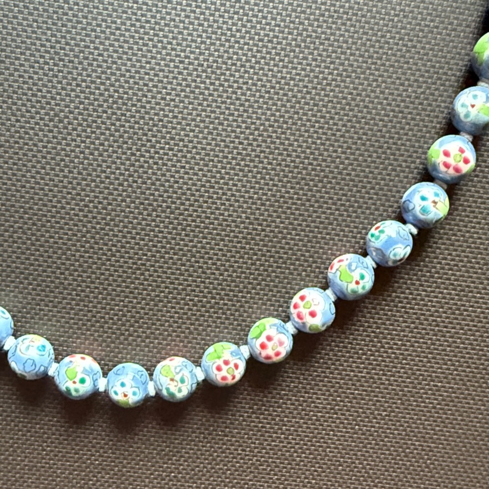 Vintage Estate Cornflower Blue Floral Cloisonné Bead Knotted Necklace